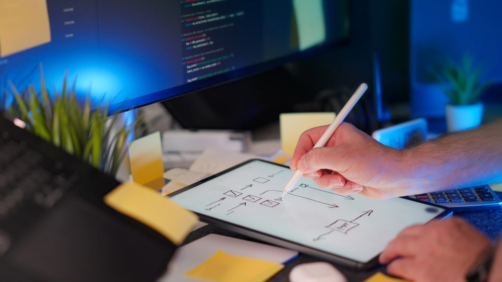 Drawing on a tablet at a desk, photo by Jakub Zerdzicki on Unsplash